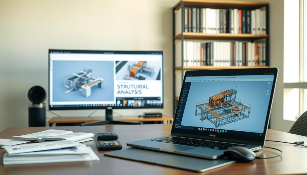 A beautifully arranged workspace with various online resources for structural engineering software. In the foreground, a modern laptop displaying a 3D model of a building structure, its screen bathed in soft, directional lighting. On the tabletop, neatly organized technical manuals, engineering calculators, and a sleek mouse pad. In the middle ground, a high-resolution monitor showing a tutorial video on structural analysis, its screen crisp and vibrant. The background features shelves lined with engineering textbooks, design guidelines, and a carefully curated collection of online bookmarks and resources. The overall atmosphere is one of focused productivity, with a touch of warm, natural lighting emanating from a window to the side.