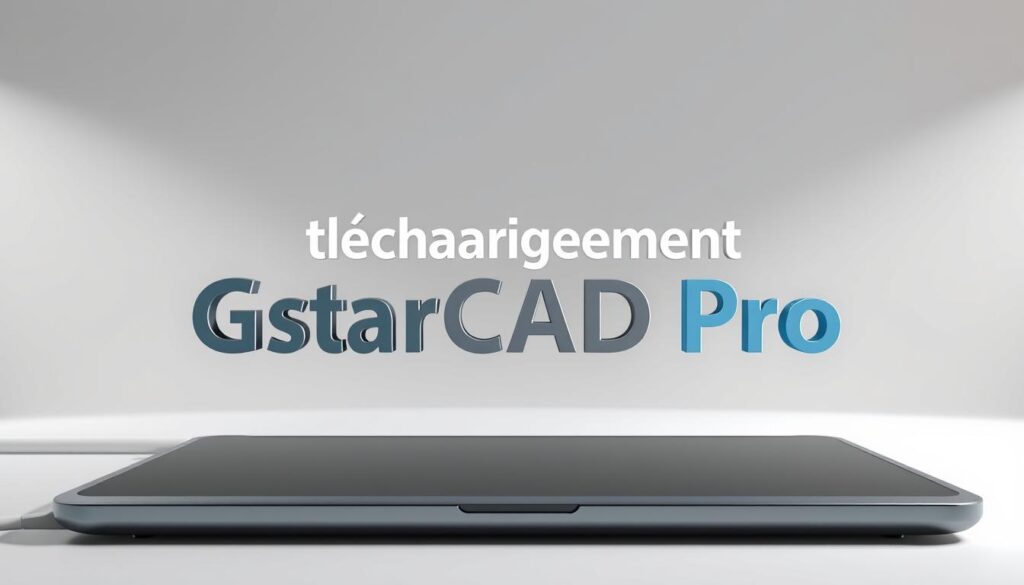 A beautifully rendered 3D illustration of the text "téléchargement GstarCAD Pro" displayed prominently on a sleek, modern device such as a laptop or tablet. The device is set against a minimalist, monochromatic background, allowing the text to be the central focus. The lighting is crisp and directional, creating depth and dimension, with subtle shadows and highlights accentuating the device's form and the clarity of the text. The overall mood is professional, elegant, and inviting, capturing the essence of a high-quality software download experience.