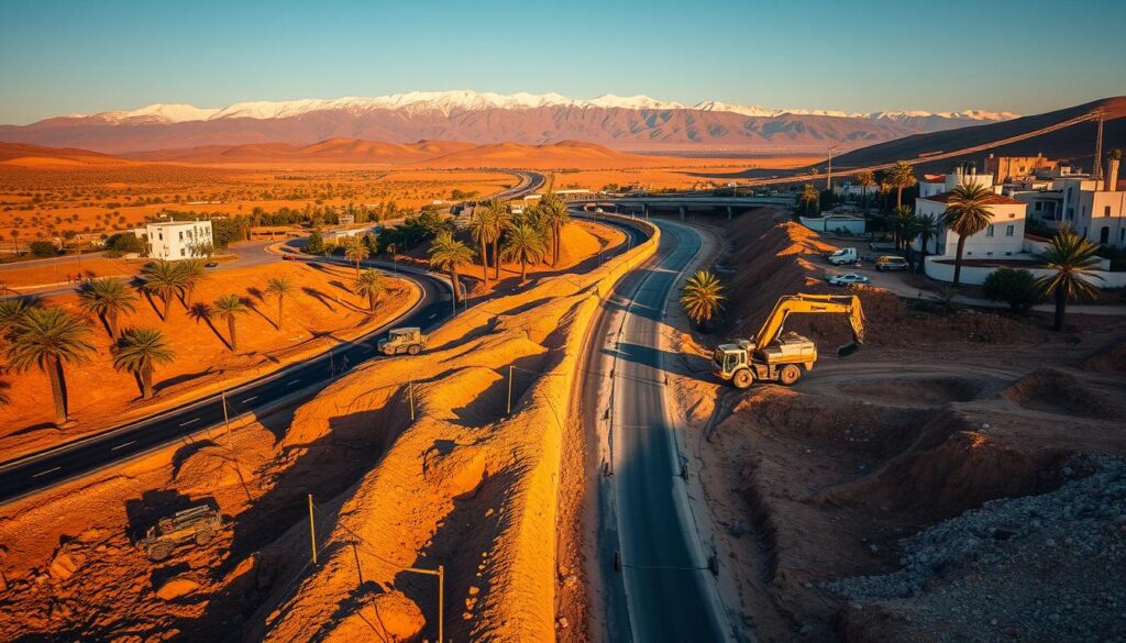 A breathtaking aerial view of a Moroccan highway undergoing a comprehensive drainage and infrastructure upgrade project. In the foreground, construction crews meticulously excavate and lay new drainage systems, their heavy machinery casting dramatic shadows on the arid landscape. The middle ground reveals the winding road, flanked by lush palm trees and traditional Moroccan architecture. In the distance, the snow-capped Atlas Mountains rise majestically, bathed in warm, golden light. The scene conveys a harmonious blend of modern engineering and timeless Moroccan heritage, capturing the essence of this vital infrastructure improvement endeavor.