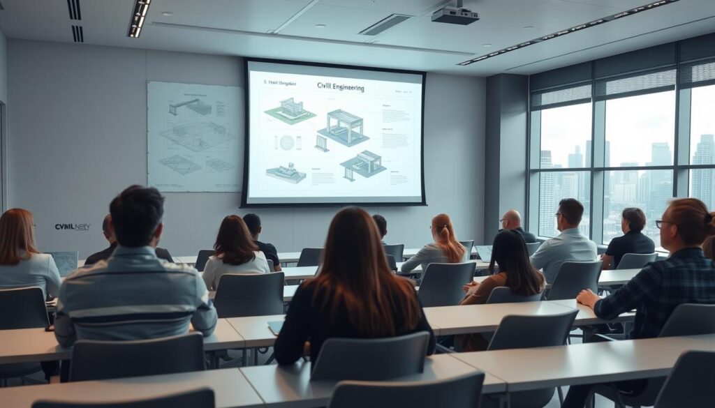 A bright, modern classroom setting with students attending an online civil engineering course. In the foreground, a large projection screen displays technical diagrams and 3D models of civil engineering projects. The middle ground shows rows of desks with students intently watching the presentation, their faces illuminated by the screen's soft glow. The background features sleek, minimalist decor with large windows providing natural light and a view of a bustling city skyline. The overall mood is one of focused, collaborative learning, with a sense of the rapid advancement of civil engineering practices through the power of online education.