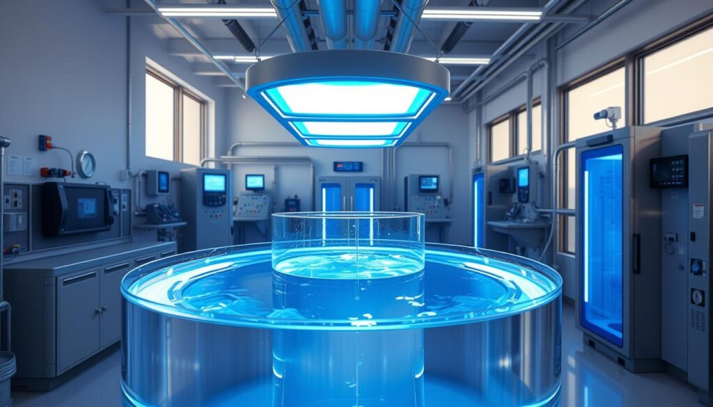 A bright, sterile room filled with state-of-the-art UV water disinfection equipment. In the foreground, a transparent cylindrical tank holds crystal-clear water, bathed in a brilliant blue-white glow from the powerful UV lamps above. The middle ground features various control panels, gauges, and monitors displaying real-time data on the disinfection process. The background showcases the clean, minimalist architecture with sleek metal surfaces and ample natural light flooding in through large windows. The overall mood is one of technological sophistication, efficiency, and the reassuring safety of the water treatment process.