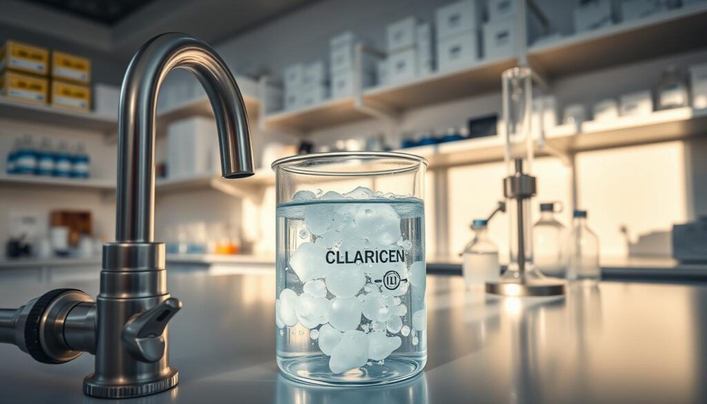 A brightly lit laboratory scene with a glass beaker filled with a clear, bubbling liquid representing chlorine disinfection. In the foreground, a stainless steel faucet and pipes to convey the water treatment process. In the middle ground, a scientific apparatus such as a titration setup or a chlorine dosing system. The background features shelves of chemical reagents and scientific equipment, casting long shadows that add depth and dimension to the composition. The overall mood is one of precision, cleanliness, and technical proficiency, reflecting the meticulous nature of chlorine-based water disinfection.