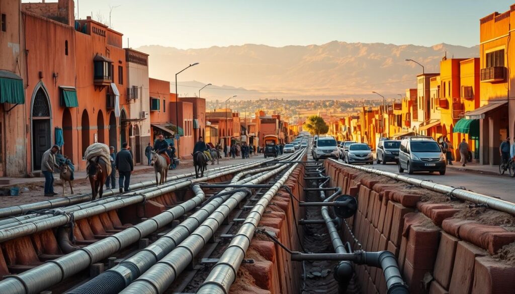 A bustling Moroccan town, its streets lined with traditional buildings in earthy hues. In the foreground, a network of intricate drainage pipes and sewage channels, meticulously maintained by local workers. The middle ground showcases a diverse array of transportation, from donkey carts to modern vehicles, all coexisting harmoniously. In the background, a panoramic view of the Atlas Mountains, their majestic peaks casting a serene backdrop. Warm, golden sunlight bathes the scene, illuminating the importance of the Moroccan sanitation infrastructure within the vibrant urban landscape.