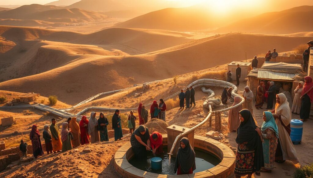 A bustling Moroccan village nestled amidst rolling hills, with residents gathered around a central public water access point. The foreground features a group of women and children drawing water from a communal well, their traditional garments and expressions conveying a sense of community. The middle ground showcases the intricate network of water pipes and infrastructure that bring this vital resource to the village. The background depicts the arid, sun-drenched landscape, emphasizing the importance of reliable water access in this region. Warm, golden lighting casts a gentle glow, creating a serene and authentic atmosphere. The scene captures the essence of water distribution in rural Morocco, a critical component of the country's development.