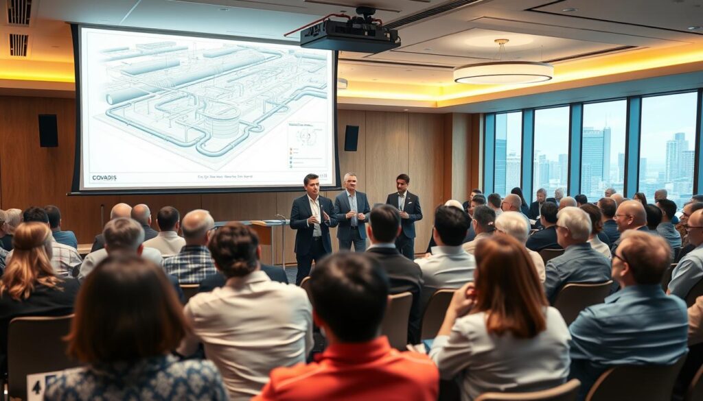 A bustling conference room with a diverse audience of urban planning professionals, civil engineers, and municipal officials. The room is brightly lit with a warm, professional atmosphere. In the foreground, a large projection screen displays a detailed 3D model of a comprehensive sewage network, its intricate pipes and infrastructure meticulously rendered. The middle ground features a panel of expert instructors from the Covadis Assainissement training program, gesturing animatedly as they guide the audience through the modeling techniques. The background depicts the city skyline visible through large windows, conveying a sense of real-world applicability. The overall scene evokes a collaborative, educational environment where technical expertise and practical problem-solving converge.