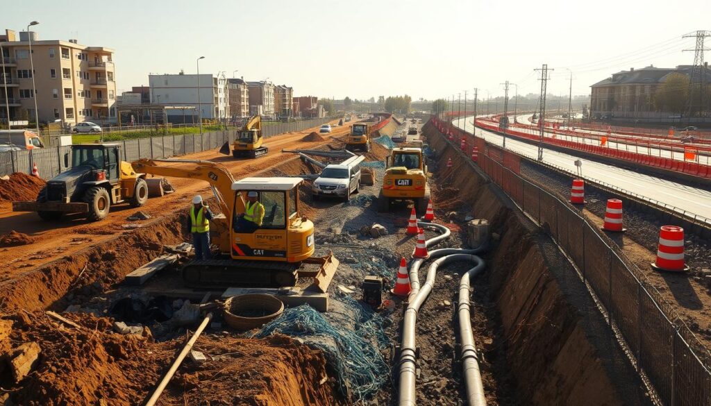 A bustling construction site on a sunny day, showcasing the various stages of VRD (Voirie et Réseaux Divers) work. In the foreground, workers in high-visibility gear operate heavy machinery as they excavate trenches and lay underground utility pipes. The middle ground features a mix of construction materials, including piles of gravel, cones, and barriers delineating the work zones. In the background, a partially completed road surface hints at the final integration of the VRD networks into the urban landscape. Warm, natural lighting casts long shadows, conveying a sense of progress and hard work. The overall scene captures the essential steps involved in the implementation of VRD infrastructure within a urban development project.