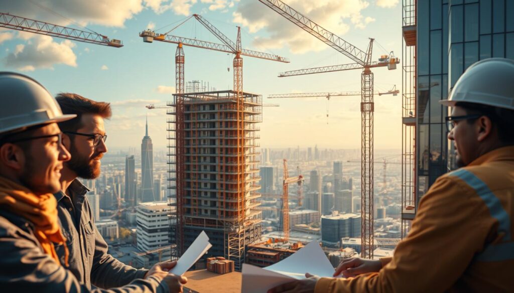 A bustling construction site showcasing the innovative spirit of startups. In the foreground, engineers and architects collaborate, their expressions focused as they design and plan the next groundbreaking structure. The midground features a mix of modern materials and cutting-edge building techniques, with cranes and scaffolding rising up to support the framework of a sleek, contemporary building. The background is a panoramic vista of the city skyline, hinting at the transformative impact these startups will have on the urban landscape. Warm, golden lighting casts a sense of optimism and progress, while the dynamic camera angle captures the energy and dynamism of this innovative construction project.