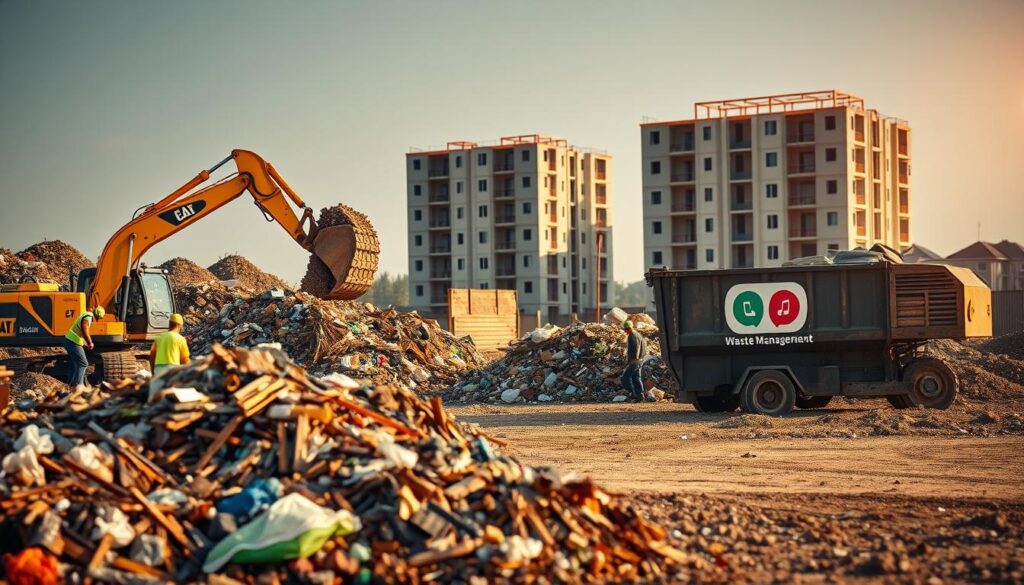 A bustling construction site, with an excavator diligently clearing debris and waste materials. In the foreground, workers carefully sort and segregate different types of refuse - metal, plastic, organic matter. The midground showcases a strategically placed dumpster, its sides emblazoned with the logo of a reputable waste management company. In the background, the partially built structure of a new housing development emerges, a testament to the importance of proper waste handling during the construction process. Warm, diffused lighting illuminates the scene, creating a sense of organized efficiency. The composition is balanced, emphasizing the interconnected nature of waste management and successful infrastructure development.