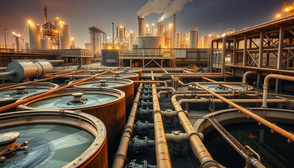 A bustling scene of wastewater treatment plants, pipelines, and recycling facilities. In the foreground, a series of clarification tanks and sedimentation basins, their mechanisms whirring and churning. In the middle ground, a network of underground pipes and valves, intricately woven like the veins of a living, breathing organism. In the background, towering silos, aeration chambers, and filtration systems, bathed in the warm glow of industrial lighting. The atmosphere is one of efficiency and purpose, with a hint of technological wonder. The image conveys the essential role that sanitation technologies play in sustaining modern urban environments.