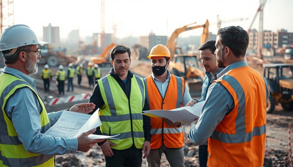 A bustling urban construction site, with key stakeholders in high-visibility vests engaged in a collaborative discussion. In the foreground, an architect gestures animatedly while reviewing blueprints with a civil engineer and a city planner. In the middle ground, a team of surveyors meticulously map the terrain using advanced equipment. In the background, heavy machinery operated by skilled workers carries out excavation and infrastructure installation tasks. Warm, natural lighting filters through the scene, creating a sense of purpose and progress. The overall atmosphere conveys the complexity and coordination required in a comprehensive VRD project.