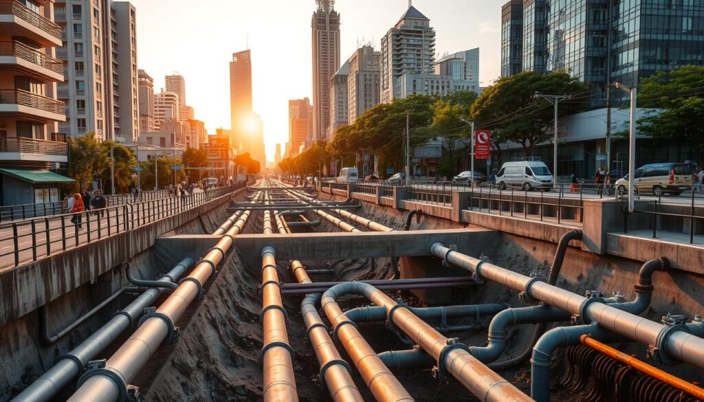 A bustling urban landscape at golden hour, the setting sun casting a warm glow over the bustling streets and buildings. In the foreground, a well-maintained network of underground pipes and drainage systems, representing the efficient infrastructure of a modern city's wastewater treatment. In the middle ground, residents going about their daily lives, highlighting the importance of sanitation and its impact on the community. In the background, towering skyscrapers and lush greenery, showcasing the integration of sustainable urban planning. The scene conveys a sense of progress, innovation, and environmental consciousness in the realm of urban sanitation.
