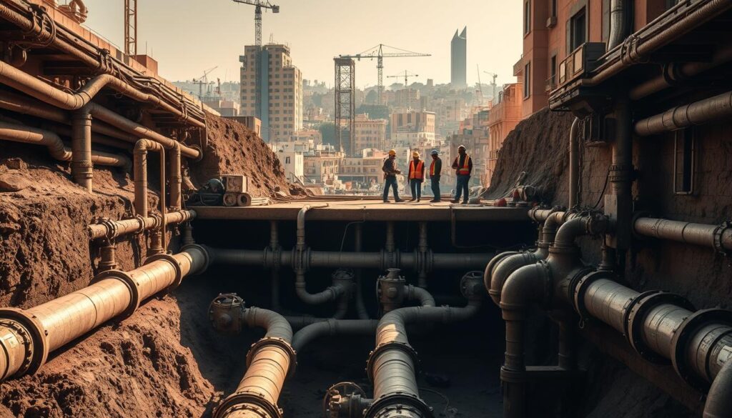 A bustling urban landscape in Morocco, with a sprawling network of underground drainage pipes and sanitation infrastructure. The foreground features a cross-section of a subterranean sewer system, with intricate pipes and valves in various states of repair. The middle ground showcases construction workers and engineers inspecting the system, equipped with hard hats and specialized tools. In the background, a cityscape emerges, with tall buildings, narrow streets, and a sense of vibrant, lived-in activity. The scene is illuminated by warm, natural lighting, casting subtle shadows and highlights that accentuate the technical complexity of the urban sanitation system. The overall mood conveys the essential, yet often overlooked, role that these underground networks play in supporting a thriving Moroccan city.