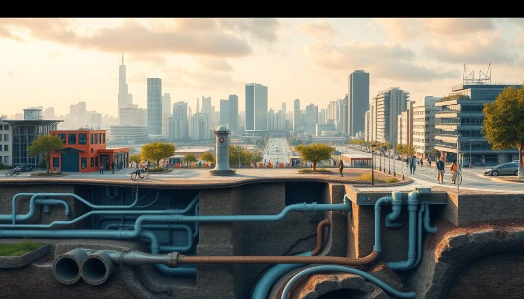 A bustling urban landscape with a focus on the intricate network of underground drainage systems. In the foreground, a cross-section view reveals the complex web of pipes, manholes, and treatment facilities responsible for managing the city's wastewater. The middle ground showcases the surface-level infrastructure, such as storm drains and public water access points, seamlessly integrated into the urban design. In the background, a panoramic view of the cityscape, with towering buildings and thriving pedestrian activity, highlights the importance of a well-functioning sanitation system for public health and overall liveability. Soft, warm lighting illuminates the scene, conveying a sense of order and efficiency in the urban assainissement.