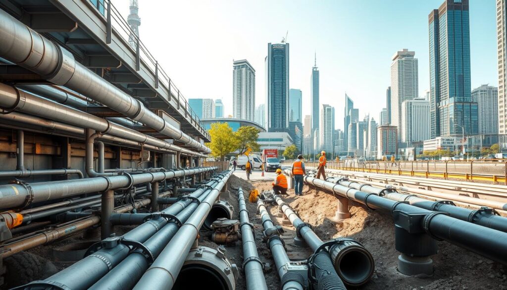 A bustling urban scene of modern sanitation infrastructure. In the foreground, a network of efficient underground pipes and drainage systems. In the middle ground, municipal workers inspecting manholes and maintaining the citywide sewage network. In the background, high-rise buildings and skyscrapers, reflecting the latest advancements in urban planning and waste management. Bright, natural lighting illuminates the scene, conveying a sense of order, cleanliness, and civic pride. The overall atmosphere is one of a well-functioning, sustainable metropolis, where urban sanitation is a top priority. A bustling urban scene of modern sanitation infrastructure. In the foreground, a network of efficient underground pipes and drainage systems. In the middle ground, municipal workers inspecting manholes and maintaining the citywide sewage network. In the background, high-rise buildings and skyscrapers, reflecting the latest advancements in urban planning and waste management. Bright, natural lighting illuminates the scene, conveying a sense of order, cleanliness, and civic pride. The overall atmosphere is one of a well-functioning, sustainable metropolis, where urban sanitation is a top priority.