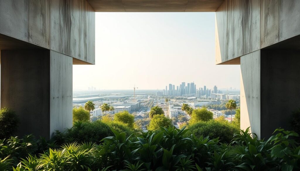 A clean, modern concrete structure with a low-carbon footprint stands prominently in the foreground, its smooth, minimalist facade illuminated by soft, diffused natural light filtering in from the sides. The middle ground features verdant greenery and lush foliage, creating a harmonious contrast with the industrial materials. In the background, a cityscape of sleek, sustainable architecture extends into the distance, hinting at the broader environmental considerations. The overall scene conveys a sense of environmental responsibility, innovative building techniques, and a forward-thinking approach to construction materials.