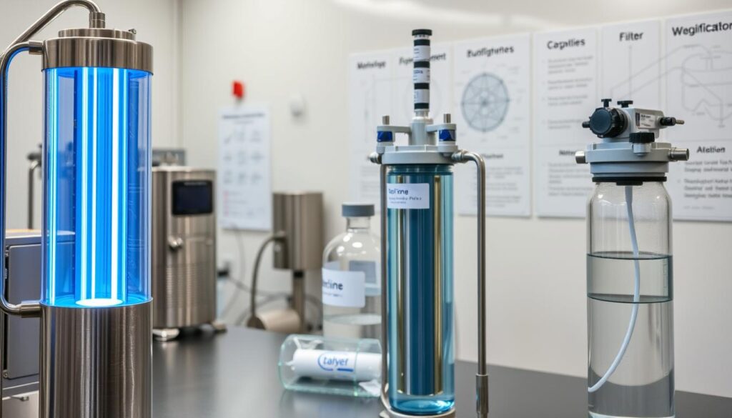 A clean, well-lit laboratory setting with metal equipment and glass containers showcasing various water purification methods. In the foreground, a UV sterilization unit emits a soft blue glow, while chlorine tablets and an osmosis filter system take up the middle ground. The background features diagrams and charts illustrating the advantages and applications of each disinfection technique. The overall atmosphere is one of scientific precision and practical problem-solving, highlighting the tools and processes to choose the optimal water treatment for different needs.