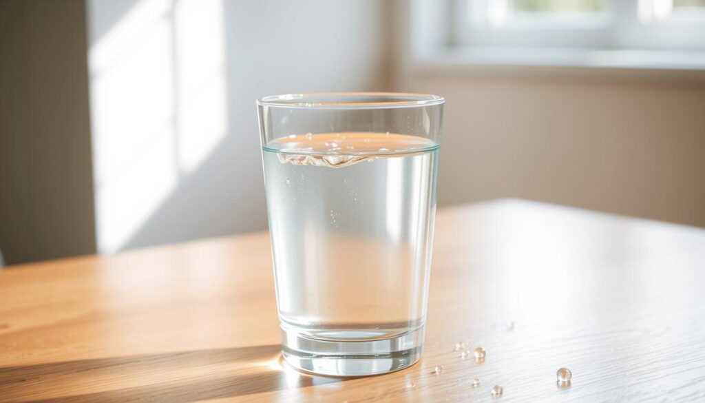 A clear, crisp glass of water resting on a wooden table, illuminated by soft, natural light filtering in through a nearby window. The water's surface gently ripples, reflecting the clean, pristine quality of the liquid. Surrounding the glass, a few scattered water droplets glisten, emphasizing the freshness and purity of the H2O. In the background, a blurred, neutral-toned wall sets a serene, calming atmosphere, allowing the centerpiece water glass to take full focus. The overall image conveys a sense of transparency, cleanliness, and the essential nature of clean, drinkable water.
