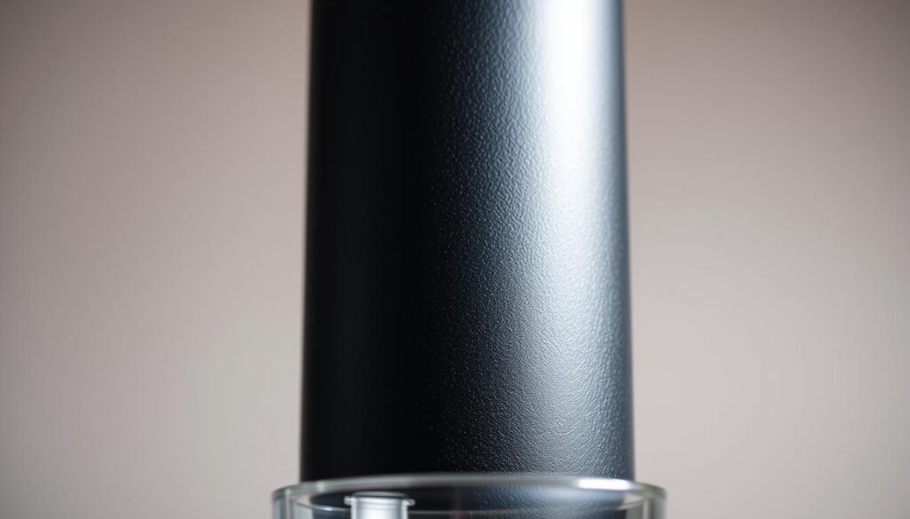 A close-up view of a cylindrical carbon water filter, its exterior a matte black finish showcasing its intricate textured surface. The filter is positioned centrally, with a clear glass container in the foreground and a soft, diffused lighting illuminating the scene. The background fades into a subtly blurred, neutral tone, allowing the filter to be the focal point. The overall composition conveys a sense of simplicity, functionality, and the importance of this water treatment solution for the home.