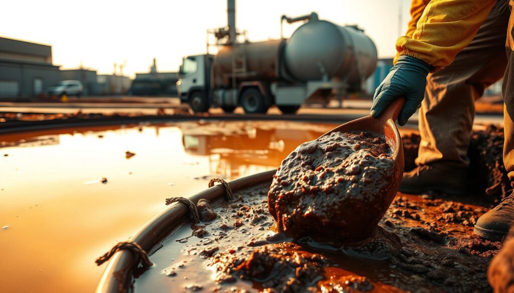 A close-up view of sludge management, showcasing the intricate process of handling and disposing of sewage waste. In the foreground, a worker in protective gear carefully scoops sludge from a septic tank, the viscous brown liquid glistening under warm, diffused lighting. In the middle ground, a truck designed for transporting and treating waste material stands ready, its tank awaiting the sludge transfer. The background depicts a treatment facility, with industrial-style buildings and equipment hinting at the scale and importance of proper sludge management for environmental sustainability. The scene conveys the critical yet often overlooked role of sludge handling in the broader context of wastewater treatment and sanitation.