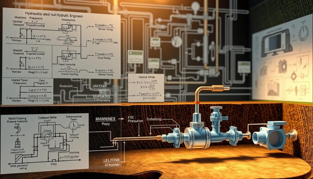A complex hydraulic network diagram depicting various methods and formulas for calculating water flow, pressure, and drainage in an underground sanitation system. The foreground shows detailed technical schematics with clearly labeled components and equations, including Darcy-Weisbach, Manning, and Colebrook-White formulas. The middle ground features 3D visualizations of pipes, valves, and pumps, demonstrating how these hydraulic principles are applied. The background blends technical illustrations with atmospheric lighting, creating a sense of depth and technical sophistication. The overall composition conveys the systematic, analytical nature of hydraulic engineering while remaining visually engaging.