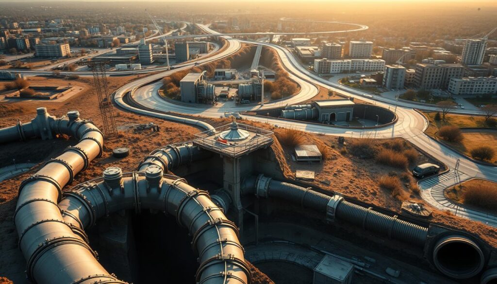 A complex, intricate mixed sewer network winding through an urban landscape. The foreground features a detailed cross-section of the underground piping system, showcasing the various components and materials used in a hybrid gravity-pressure design. The middle ground depicts manholes, inspection ports, and access points dotting the streets above. In the background, a cityscape of buildings, roads, and infrastructure emerges, hinting at the scale and integration of this subterranean system. The scene is illuminated by a warm, diffused lighting that casts dynamic shadows, emphasizing the depth and technicality of the underground network. An authoritative, engineering-focused mood pervades the image, reflecting the specialized subject matter.
