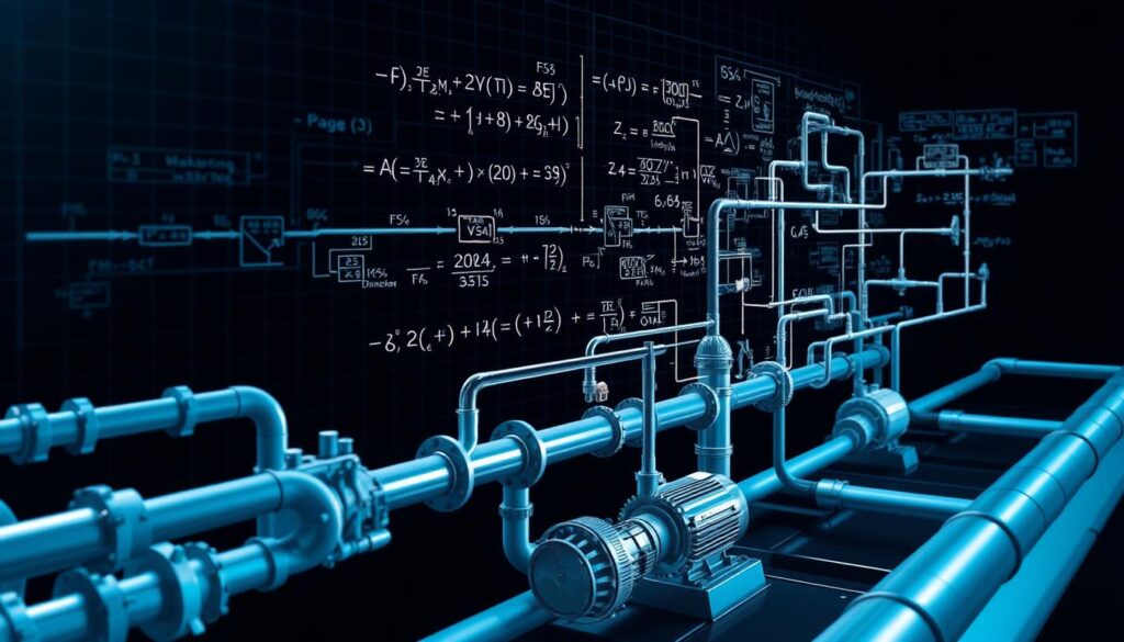 A complex network diagram illustrating the key elements of a wastewater system design. In the foreground, detailed pipes, pumps, and treatment facilities are meticulously rendered in a technical, engineering-focused style. The middle ground showcases flow diagrams, equations, and mathematical models, conveying the systematic calculations required. In the background, an abstract grid or graph paper texture evokes a sense of precise, data-driven analysis. The lighting is clinical and precise, with sharp shadows emphasizing the technical nature of the subject. The overall mood is one of rigorous engineering, focused on the functional aspects of wastewater infrastructure planning and dimensioning.