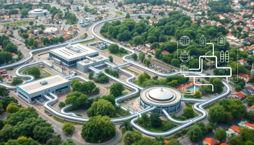 A complex network of intertwined water supply (AEP) and sanitation (assainissement) systems, winding through a vibrant urban landscape. In the foreground, a central water treatment facility, its sleek architecture juxtaposed with the lush greenery surrounding it. Intricate pipelines and valves form a web, connecting the facility to residential and commercial areas in the middle ground, ensuring the seamless flow of clean water and the efficient removal of wastewater. In the background, a series of stylized icons and diagrams illustrate the complementary nature of these crucial infrastructural systems, highlighting their interdependence and the importance of their integration for the sustainable development of the city.