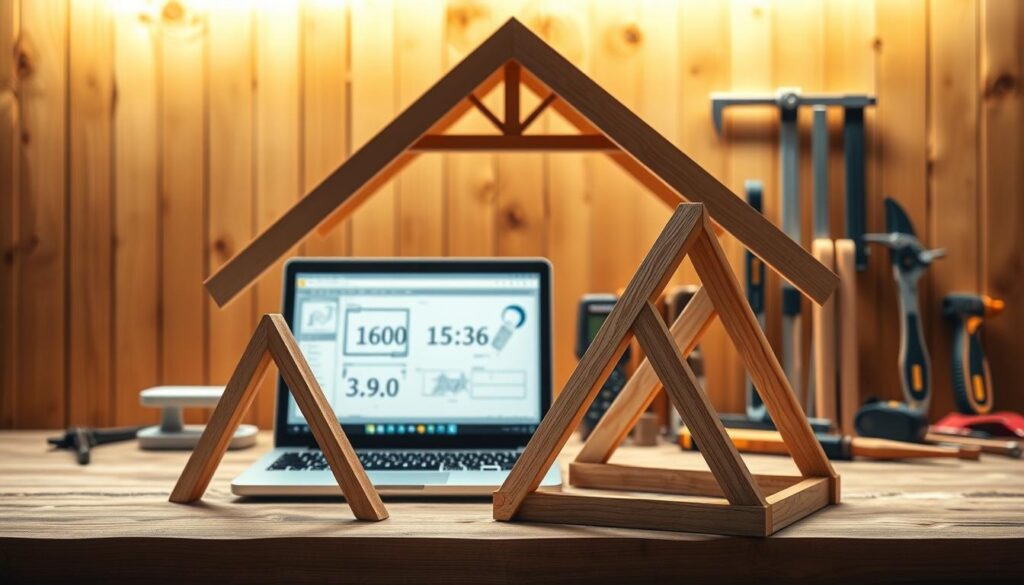 A computer-aided carpentry design tool set against a warm, softly-lit wooden background. In the foreground, a detailed 3D model of a timber truss structure, its intricate joints and beams rendered with precision. In the middle ground, an open laptop displaying technical calculations and schematics, while in the background, various hand tools and measuring devices are neatly arranged, conveying a sense of practical, hands-on craftsmanship. The lighting is gentle, creating a cozy, inviting atmosphere that reflects the thoughtful, methodical process of designing a custom timber frame. Overall, the image evokes the marriage of digital technology and traditional woodworking, empowering the user to optimize their project with ease and confidence.