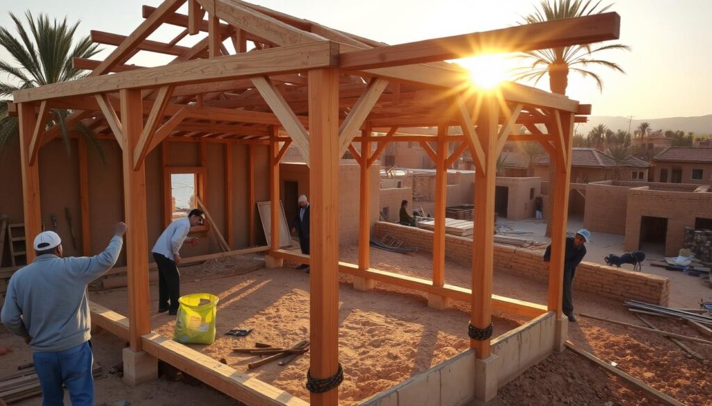 A construction site in a Moroccan village, with a traditional wooden frame structure taking shape in the foreground. The carpentry work is being done with great care and precision, as local craftsmen use hand tools to assemble the intricate trusses and beams. The sun casts warm, golden light across the scene, creating long shadows that accentuate the architectural details. In the background, the village's mud-brick buildings and lush palm trees create a picturesque rural landscape. The atmosphere is one of hard work, traditional methods, and a sense of community coming together to build something lasting.