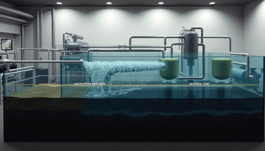 A cross-section of a comprehensive wastewater treatment system, showcasing the various components and processes involved. In the foreground, a clarifier tank separates solids from the liquid waste. In the middle ground, aeration tanks facilitate the biological breakdown of organic matter, with fine bubble diffusers creating a gentle, swirling motion. In the background, a series of sedimentation tanks and filtration systems ensure the purification of the treated water before its safe discharge. The scene is illuminated by soft, diffused lighting, creating a sense of order and efficiency within the facility. The overall mood is one of technical sophistication and environmental responsibility.