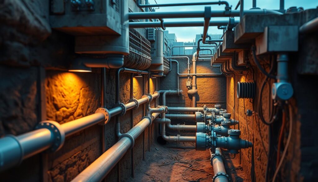 A cross-section of a modern underground sewer network, featuring intricate pipework, concrete structures, and advanced monitoring systems. The scene is illuminated by warm, diffused lighting, casting subtle shadows that accentuate the engineering details. The middle ground showcases the variety of piping diameters, joints, and valves, while the background glimpses the interconnected nature of the system. The overall composition conveys a sense of scale, complexity, and the technological solutions employed in managing contemporary wastewater infrastructure.