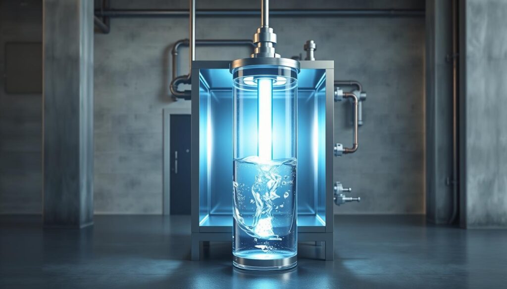 A cross-section view of a water purification system featuring an ultraviolet (UV) disinfection chamber. The foreground shows a glass cylinder filled with clear, flowing water illuminated by a bright, intense UV light source at the center. The middle ground features the sleek, metal exterior of the UV unit, with intricate piping and valves. The background displays a clean, minimalist industrial setting with concrete walls and floor, emphasizing the technological and utilitarian nature of the water treatment process. The lighting is crisp and directional, casting dramatic shadows and highlights to accentuate the key components. The overall scene conveys a sense of efficiency, precision, and the effective elimination of waterborne pathogens through the UV disinfection method.