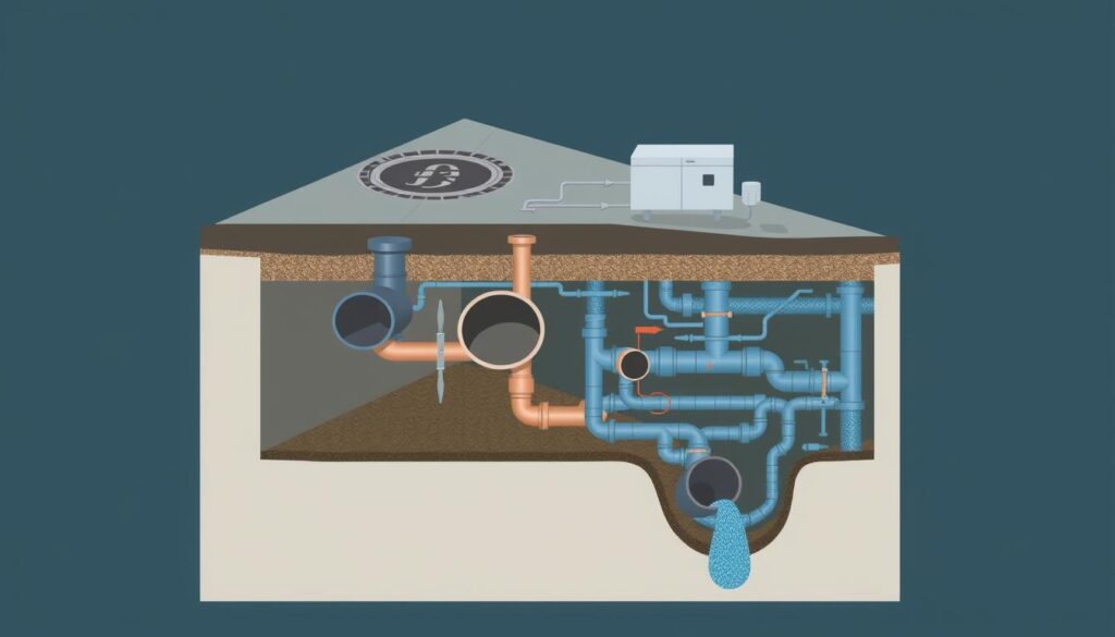 A cross-section view of an urban sewer system, or "réseaux d'assainissement", showcasing the intricate network of underground pipes, manholes, and drainage structures. The scene depicts the different layers of the system, from the surface-level grates and inlets to the deeper primary and secondary pipes transporting waste and stormwater. The image has a technical, engineering-focused aesthetic, with clean lines, precise geometric shapes, and a muted color palette of greys, blues, and browns to convey the functional, utilitarian nature of the infrastructure. Lighting is subtle, with soft shadows delineating the various components. The overall composition emphasizes the integrated, interconnected nature of the sewer system, reflecting its role in urban development and planning.