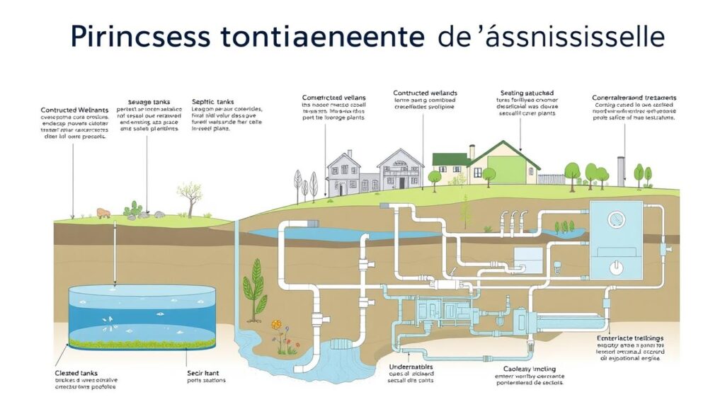 A cutaway diagram showcasing various types of sanitation systems, with clear and detailed illustrations. The image should have a technical and educational feel, with a neutral color palette and clean, precise linework. The foreground should feature different sewage treatment methods, such as septic tanks, constructed wetlands, and centralized wastewater treatment plants. The middle ground should depict the underground network of pipes and drainage systems, while the background should provide context with a simplified landscape or architectural elements. The lighting should be soft and evenly distributed, creating a sense of clarity and understanding. The overall composition should be balanced and easy to comprehend, serving as an informative visual guide for the "Principes fondamentaux de l'assainissement" section.