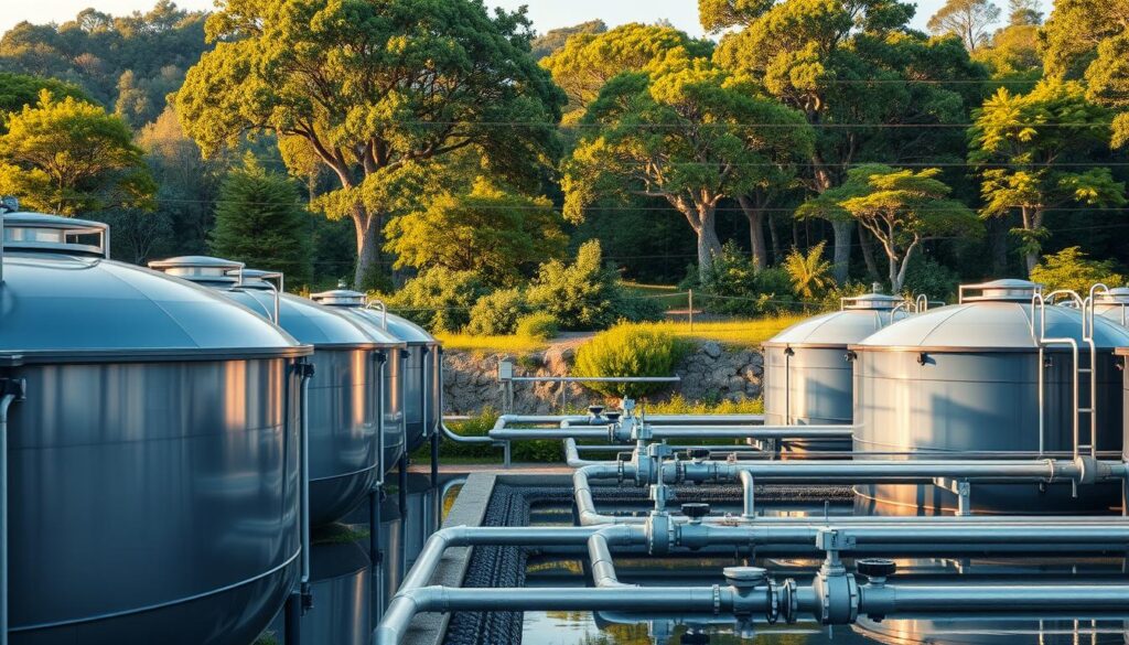 A cutting-edge wastewater treatment facility set against a lush, natural backdrop. In the foreground, a series of modern, eco-friendly filtration tanks and bioreactors, their sleek steel and glass structures gleaming under warm, diffused lighting. Towering above, a canopy of verdant trees and shrubs, their leaves gently swaying in a soft breeze. In the middle ground, a network of pipes and valves, expertly integrated into the landscape, conveying the flow of cleansed water. The overall scene radiates a sense of technological prowess in harmony with the surrounding environment, capturing the essence of sustainable water treatment solutions.