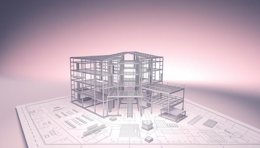 A detailed 3D architectural blueprint of a formation AutoCAD model, showcasing intricate technical drawings and construction plans. The scene depicts a well-lit, high-contrast rendering with clean lines and precise geometry. The foreground features an exploded view of the model's key structural components, allowing for a closer examination of the design elements. The middle ground presents a comprehensive top-down perspective, highlighting the overall layout and spatial organization. In the background, a subtle gradient sky frames the composition, creating a sense of depth and emphasizing the technical focus of the image. The overall atmosphere conveys a professional, educational tone suitable for guiding beginners through practical AutoCAD exercises and case studies.