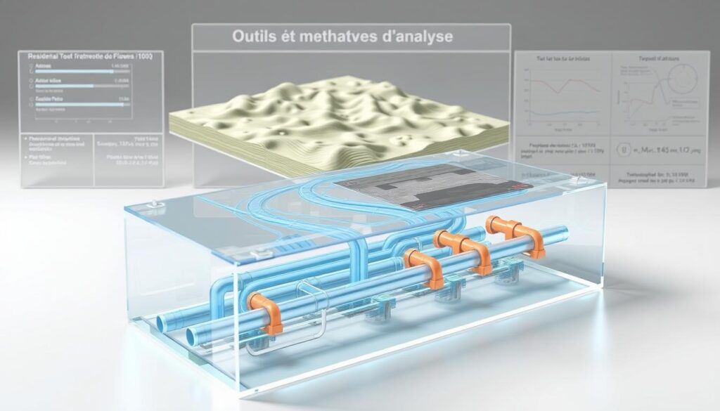 A detailed 3D hydraulic model illustrating the flow dynamics within a residential drainage system. The foreground depicts a transparent, cross-sectional view of the underground pipes, showcasing the intricate network of channels and junctions. The middle ground features a topographic surface map, with elevation contours and terrain features that influence the water flow. In the background, a technical schematic highlights the system's design parameters, such as pipe dimensions, material properties, and flow rates. Realistic lighting conditions create depth and clarity, while a neutral color palette emphasizes the analytical nature of the visualization. The overall scene conveys a sense of technical precision and scientific understanding, aligning with the "Outils et méthodes d'analyse" section of the article.