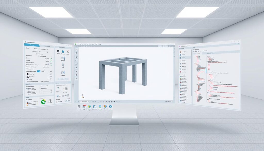 A detailed 3D render of a concrete structure simulation software interface, showcasing a clean and modern UI design. The foreground features a central window displaying a 3D model of a reinforced concrete frame, with options for adjusting parameters and viewing different analysis results. The middle ground includes various panels and toolbars, providing access to design tools, code references, and calculation modules. The background depicts a minimalist, high-contrast workspace with subtle grid patterns, suggesting a professional, technical environment. The lighting is bright and evenly distributed, creating a sense of clarity and precision, with a cool color palette to convey the analytical nature of the software.
