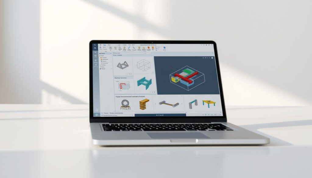 A detailed 3D rendering of a free engineering software suite, displayed on a clean and minimalist table surface. The software interface is crisp and intuitive, showcasing its key features and tools. Soft, natural lighting from the side casts gentle shadows, creating a sense of depth and dimension. The overall mood is one of professionalism, efficiency, and accessibility, fitting the "Ressources supplémentaires" section of the article on free structural analysis software for students.