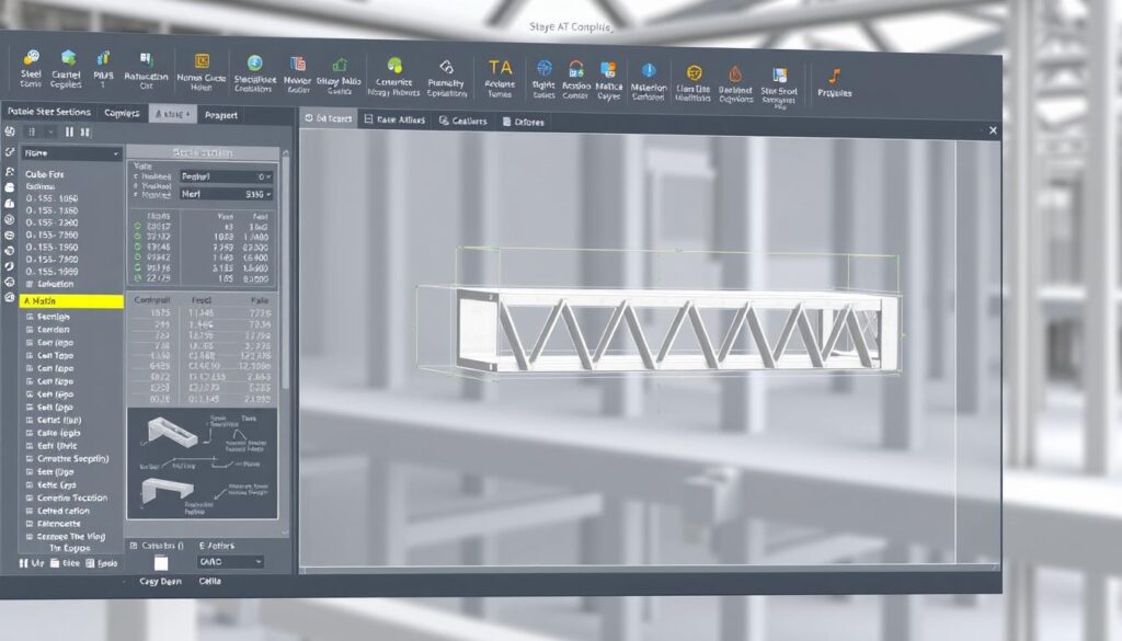 A detailed 3D rendering of a structural engineering software interface, displaying a steel beam cross-section analysis. The foreground features a central beam schematic with various numerical data and parameters, surrounded by intuitive control panels and visualization tools. The middle ground showcases a 3D model of the beam structure, with realistic materials and lighting. The background subtly suggests an architectural or industrial setting, providing context. The overall scene conveys a sense of technical precision, functionality, and practical application for structural design professionals.