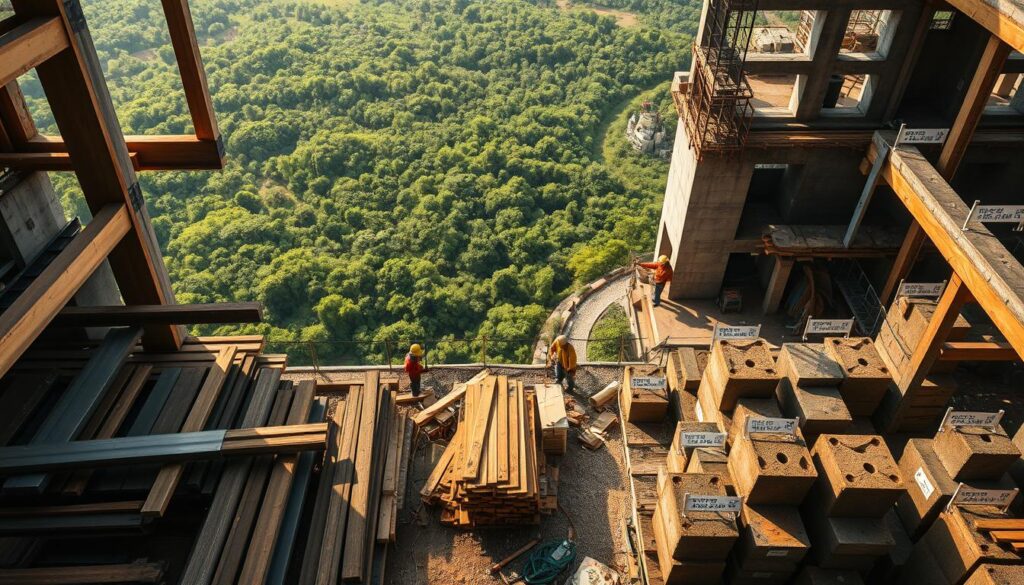 A detailed aerial view of a construction site, with a focus on the environmental impact of different building materials. In the foreground, piles of steel beams, wooden planks, and concrete blocks are visible, each with a label indicating their carbon footprint. In the middle ground, construction workers are actively engaged in the building process, using a variety of tools and equipment. The background depicts a lush, green landscape, partially obscured by the structures under construction, symbolizing the delicate balance between development and environmental preservation. The scene is illuminated by a warm, natural light, creating a sense of contemplation and introspection. The overall composition conveys the complex interplay between the built environment and its ecological consequences.
