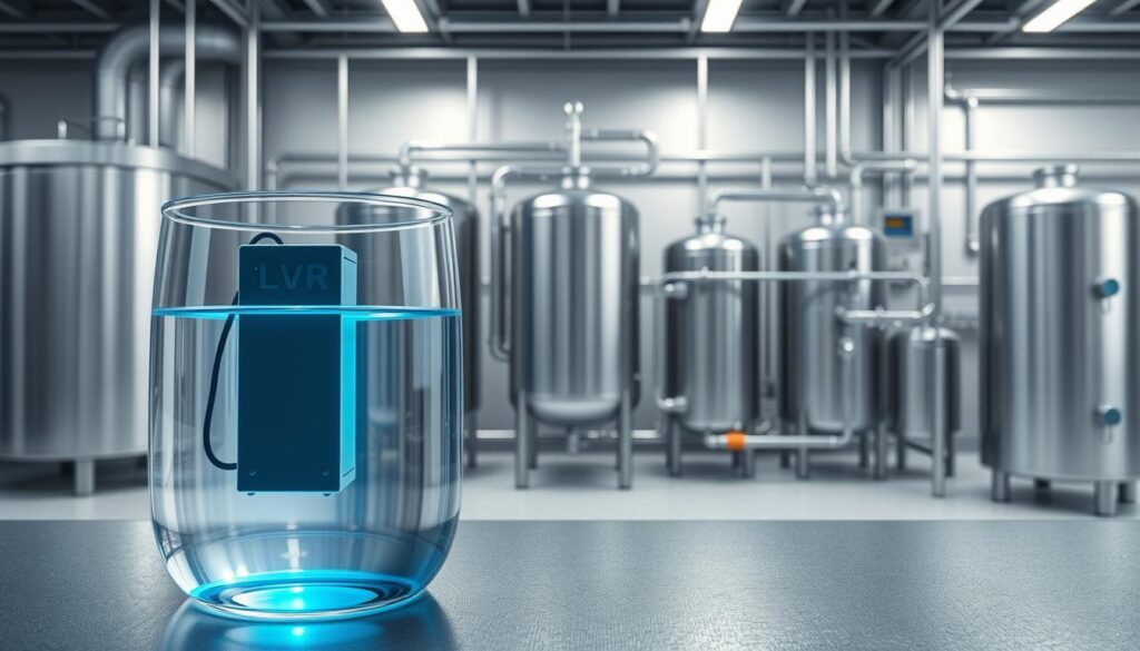 A detailed and technical illustration of a combined disinfection method. In the foreground, a clear glass vessel containing water with a UV light unit submerged. In the middle ground, a series of metal tanks and piping, representing chlorination and reverse osmosis systems. The background depicts a clean, modern industrial setting with metallic surfaces and muted lighting, conveying a sense of efficiency and precision. The overall scene should have a crisp, high-resolution quality, with a slightly technical and scientific aesthetic to match the subject matter.