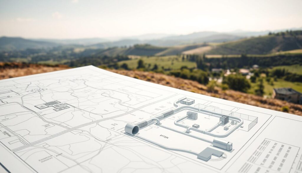 A detailed architectural site plan, rendered in a crisp, technical style. The foreground depicts a survey map with contour lines, plot boundaries, and existing structures. The middle ground showcases an isometric view of the proposed drainage and sewage infrastructure, featuring underground pipes, manholes, and treatment facilities. The background sets a serene, natural landscape with rolling hills, lush vegetation, and a clear sky. The lighting is bright and even, emphasizing the precision and importance of the site assessment. The overall mood conveys a sense of thoughtful planning and environmental consideration for the sustainable development of the land.