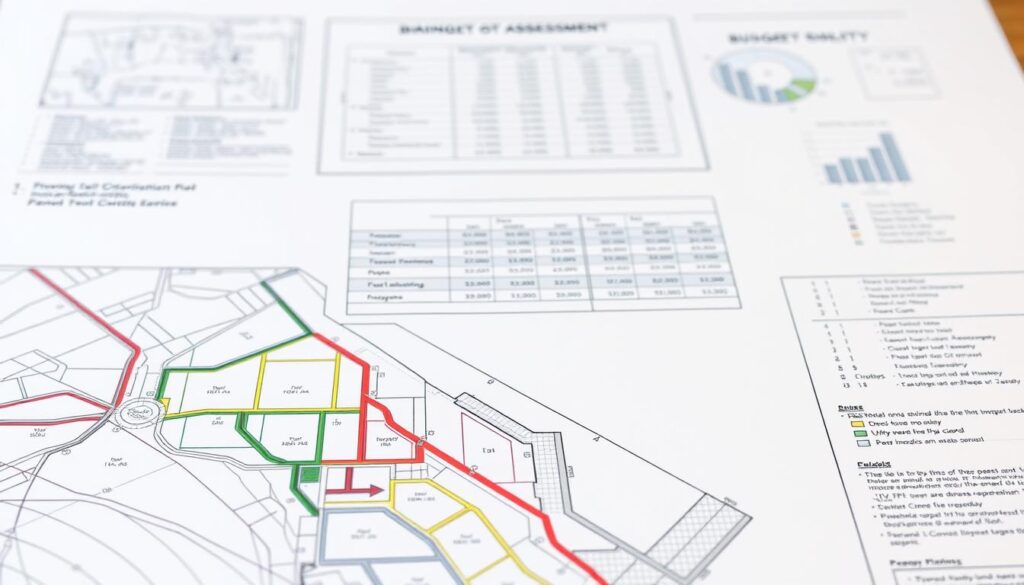 A detailed blueprint for a residential drainage assessment, showcasing a comprehensive budgetary plan. The foreground depicts a meticulously rendered site plan, with color-coded utility lines and infrastructure components. The middle ground features a series of budgetary breakdowns, represented by well-organized charts and graphs. The background conveys a sense of precision and technical expertise, with subtle engineering diagrams and technical schematics providing contextual details. The lighting is crisp and evenly distributed, highlighting the clarity and attention to detail. The overall tone is professional, informative, and tailored to the needs of a residential development project.