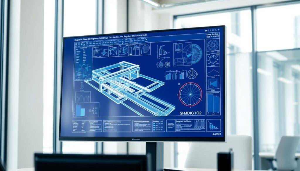 A detailed blueprint of a modern civil engineering software suite displayed on a large, high-resolution monitor in a well-lit, professional office setting. The software interface showcases a 3D model of a complex infrastructure project, with various technical diagrams, charts, and simulation tools visible. The scene conveys a sense of precision, optimization, and cutting-edge technology used in the civil engineering industry. The lighting is bright and natural, creating a clean, focused atmosphere. The camera angle is slightly elevated, providing a comprehensive view of the software's capabilities and the engineer's workspace.