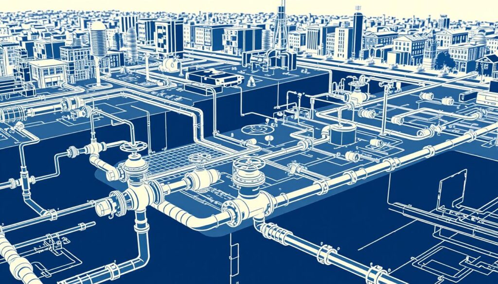 A detailed blueprint schematic of a "VRD Assainissement" infrastructure system, depicting a comprehensive underground network of pipes, valves, and access points. The scene features a high-contrast, technical illustration rendered in a technical, engineering-style aesthetic. The foreground showcases the intricate piping and valve systems, while the middle ground reveals the integration of the network within a detailed urban landscape. The background subtly suggests the surrounding built environment, emphasizing the importance of these subsurface systems within a modern city. Crisp lighting and a precise, isometric camera angle convey a sense of precision and professionalism, suitable for illustrating the "Normes et réglementations en matière de VRD" section of the article.