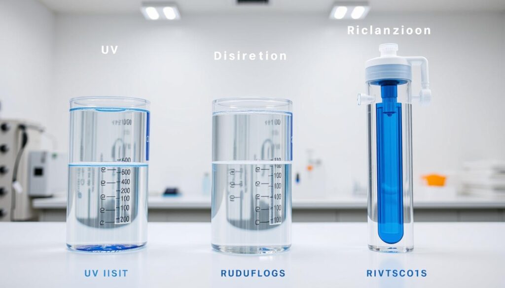 A detailed comparison of three water disinfection methods - UV light, chlorine treatment, and reverse osmosis. A clean, well-lit laboratory setting with scientific equipment and glassware. Crisp, clear images of each disinfection process, showcasing the unique properties and mechanisms. The foreground features side-by-side comparisons, with clear visual cues to highlight the differences. The background is a neutral, minimalist workspace, allowing the disinfection techniques to be the focal point. The overall mood is one of analytical precision, emphasizing the technical aspects and performance characteristics of the various water treatment approaches.