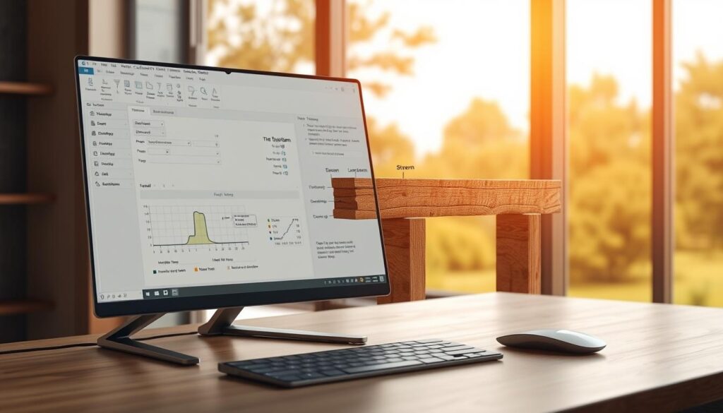 A detailed computer-generated illustration of a wood beam calculation software interface displayed on a sleek, minimalist desktop setup. The foreground features a clean, intuitive software window with input fields, analysis graphs, and toggle buttons. The middle ground showcases the 3D model of the wood beam on two supports, with various dimensions and stress points highlighted. The background depicts a serene, natural environment through a large window, creating a calm, focused atmosphere for the technical work. Warm, directional lighting and a shallow depth of field emphasize the software interface as the central focus. Overall, the image conveys a sense of professionalism and efficiency in the wood beam calculation process.