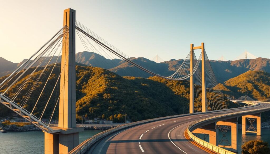 A detailed conceptual design of modern highway bridges, showcasing a majestic span over a river or valley. The foreground features intricate support structures, reinforced concrete columns, and sleek steel trusses. The middle ground depicts the graceful curve of the bridge deck, with a smooth, well-paved surface. In the background, lush green hills or towering mountains provide a natural backdrop, complementing the impressive engineering feat. The scene is illuminated by warm, directional lighting, casting dramatic shadows and highlighting the bridge's architectural elegance. The overall atmosphere conveys a sense of grandeur, functionality, and harmonious integration with the surrounding landscape.