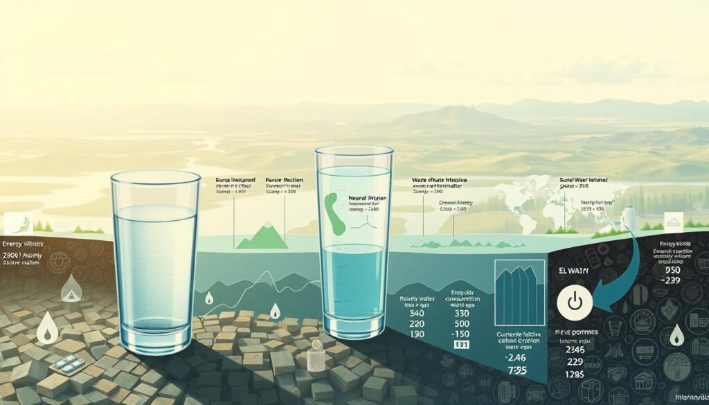 A detailed cross-section illustration showcasing the environmental impact of various water treatment solutions. In the foreground, a clean, filtered glass of water sits atop a mosaic of water treatment methods - from eco-friendly natural filtration to energy-intensive reverse osmosis. The middle ground depicts the relative energy consumption, waste production, and carbon footprint of each solution, visualized through dynamic infographic elements. In the background, a panoramic landscape reveals the broader environmental implications, from polluted waterways to greenhouse gas emissions. Soft, muted tones convey the seriousness of the subject, while thoughtful, technical compositions invite the viewer to explore the nuances of sustainable water treatment.